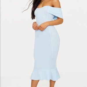 Dusty Blue Bardot Frill Hem Midi Dress